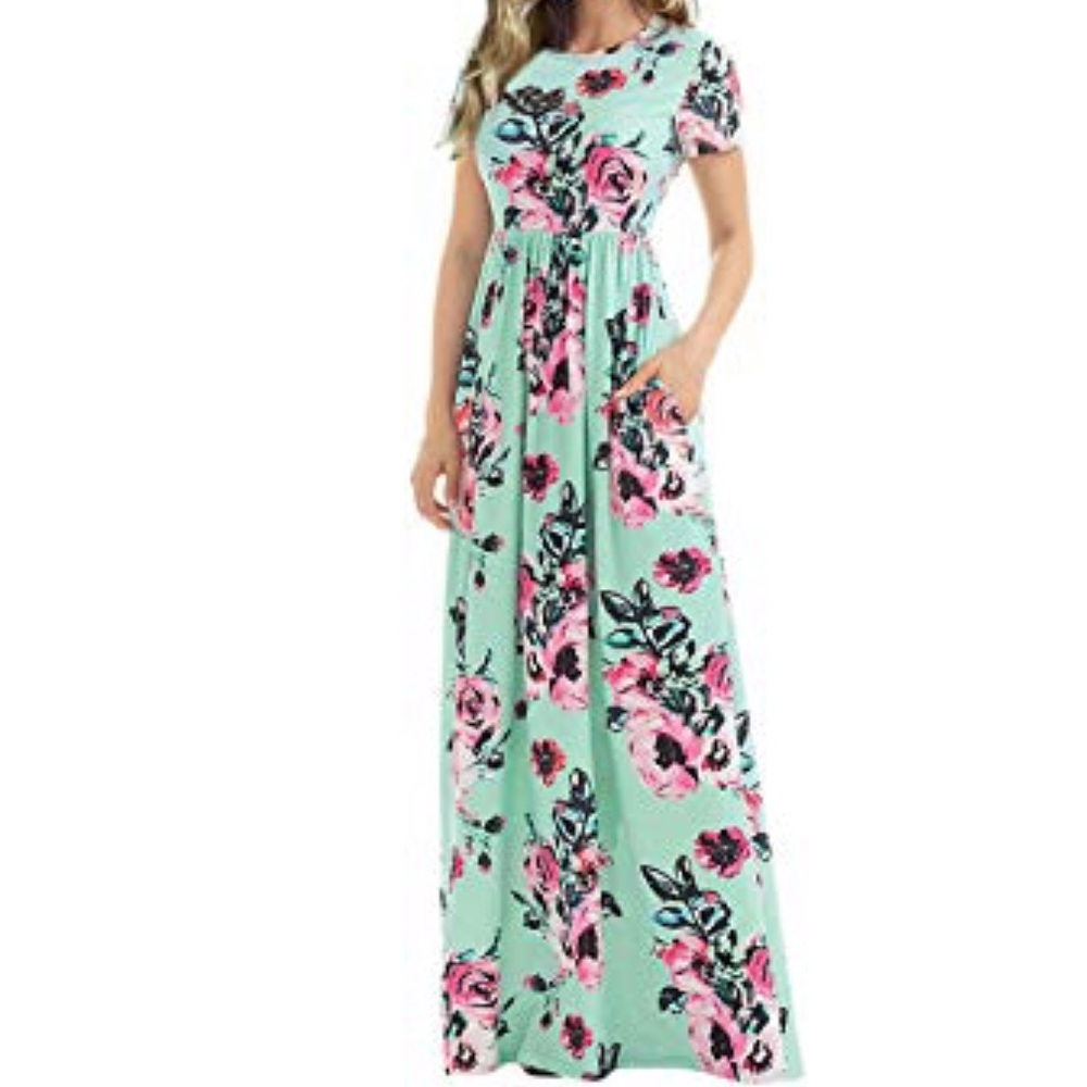 Green floral maxi dress with pockets